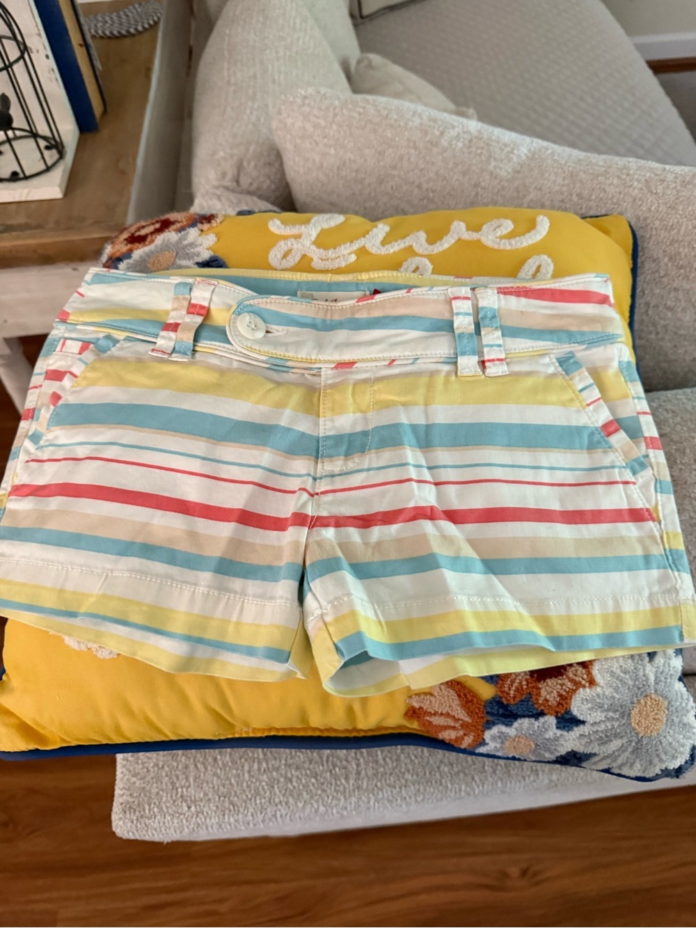 Red Camel Striped Women’s Jean Shorts - Blue, Yellow, Pink, Cream